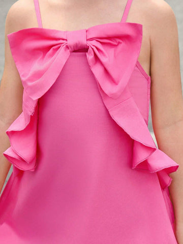 Young Girl Woven Solid Color Pleated Bowknot Halter Casual Dress