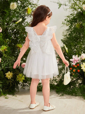 Young Girl Woven Solid Color Pleated Ruffle Hem Back Butterfly White Mesh Dress