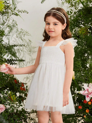 Young Girl Woven Solid Color Pleated Ruffle Hem Back Butterfly White Mesh Dress