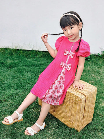 Young Girl Woven Solid Color Puff Sleeve Contrast Plaid Loose Casual Dress