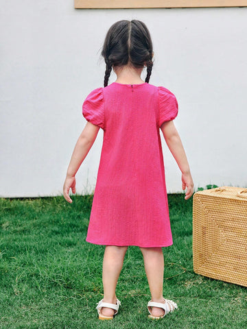 Young Girl Woven Solid Color Puff Sleeve Contrast Plaid Loose Casual Dress