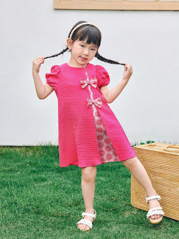 Young Girl Woven Solid Color Puff Sleeve Contrast Plaid Loose Casual Dress