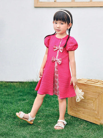 Young Girl Woven Solid Color Puff Sleeve Contrast Plaid Loose Casual Dress