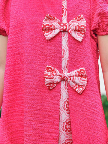 Young Girl Woven Solid Color Puff Sleeve Contrast Plaid Loose Casual Dress