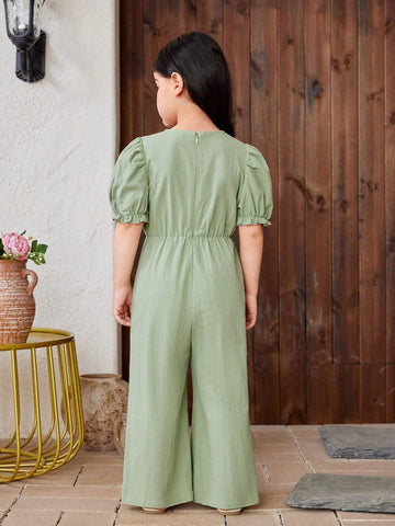 Young Girl Woven Solid Color Round Neck Bubble Sleeve Patchwork Floral Loose Casual Jumpsuit For Holiday