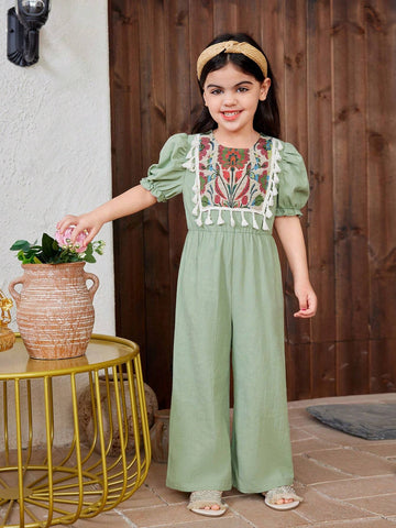 Young Girl Woven Solid Color Round Neck Bubble Sleeve Patchwork Floral Loose Casual Jumpsuit For Holiday