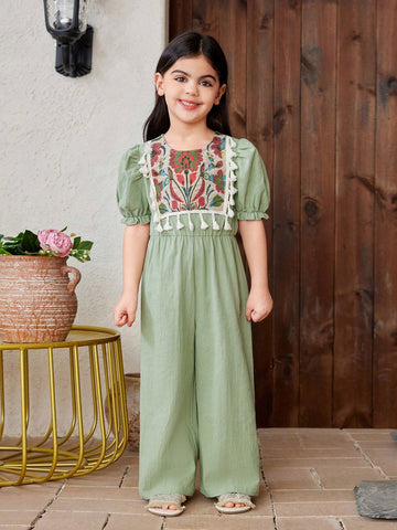 Young Girl Woven Solid Color Round Neck Bubble Sleeve Patchwork Floral Loose Casual Jumpsuit For Holiday