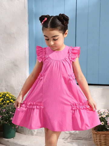 Young Girl Woven Solid Color Round Neck Gigot Sleeve Loose Casual Dress