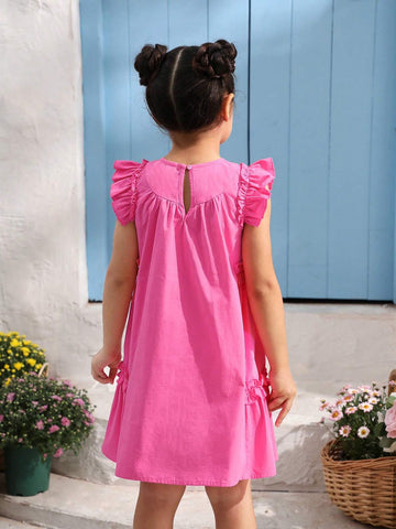 Young Girl Woven Solid Color Round Neck Gigot Sleeve Loose Casual Dress