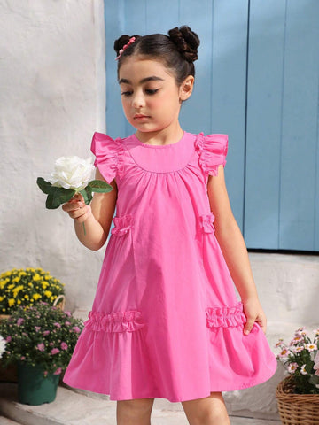 Young Girl Woven Solid Color Round Neck Gigot Sleeve Loose Casual Dress