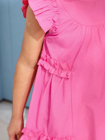 Young Girl Woven Solid Color Round Neck Gigot Sleeve Loose Casual Dress