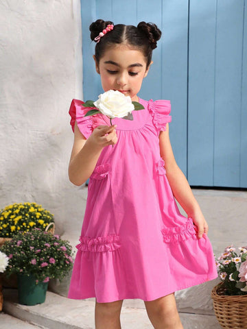 Young Girl Woven Solid Color Round Neck Gigot Sleeve Loose Casual Dress