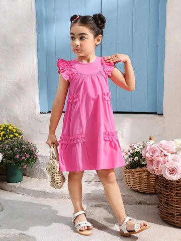 Young Girl Woven Solid Color Round Neck Gigot Sleeve Loose Casual Dress