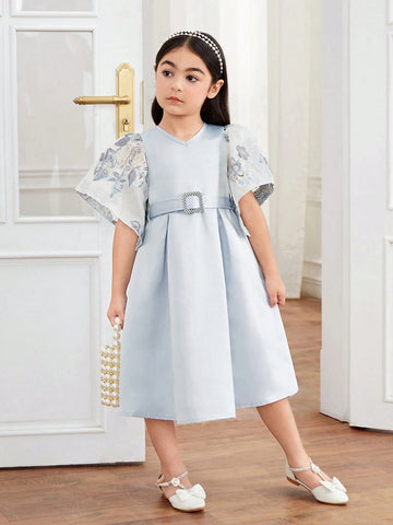 Young Girl Woven Solid Color Round Neck Patchwork Floral Petal Sleeve One-Piece Dress