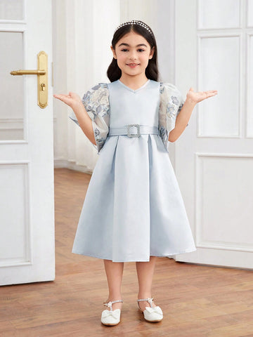 Young Girl Woven Solid Color Round Neck Patchwork Floral Petal Sleeve One-Piece Dress