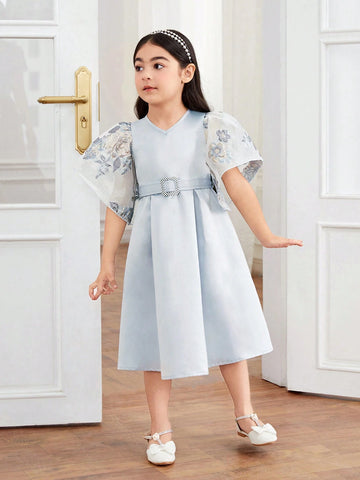 Young Girl Woven Solid Color Round Neck Patchwork Floral Petal Sleeve One-Piece Dress