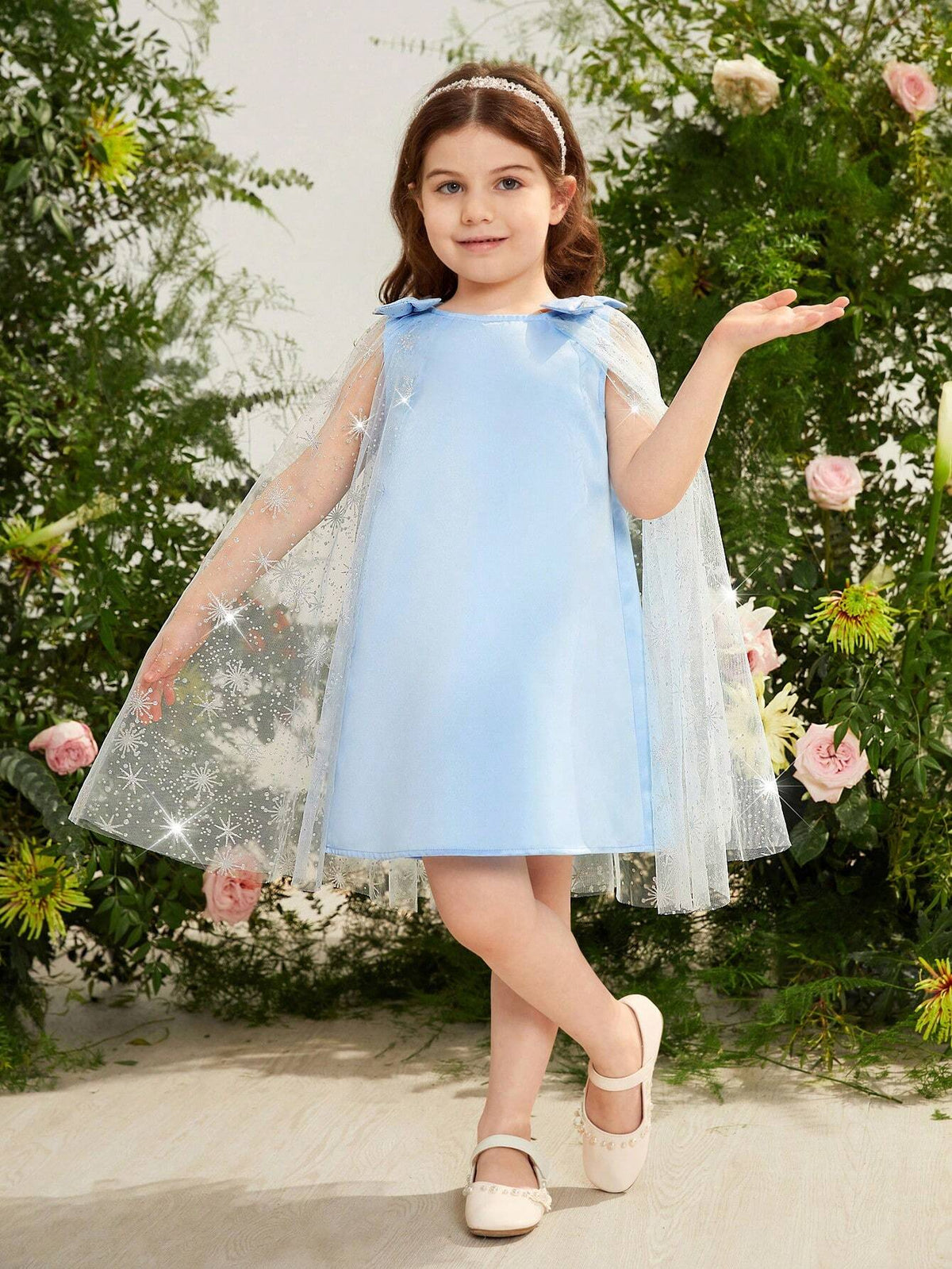 Young Girl Woven Solid Color Round Neck Patchwork Woven Mesh Loose Cute Dress
