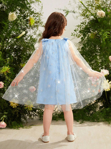 Young Girl Woven Solid Color Round Neck Patchwork Woven Mesh Loose Cute Dress