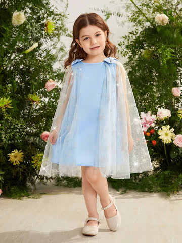 Young Girl Woven Solid Color Round Neck Patchwork Woven Mesh Loose Cute Dress