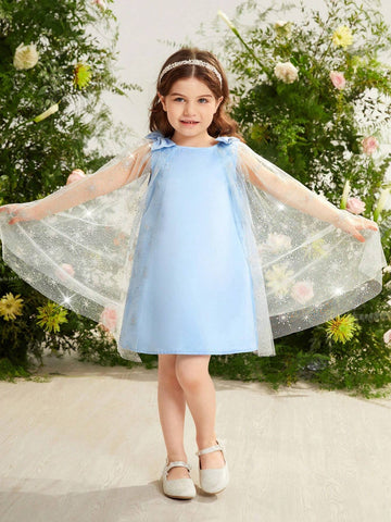 Young Girl Woven Solid Color Round Neck Patchwork Woven Mesh Loose Cute Dress