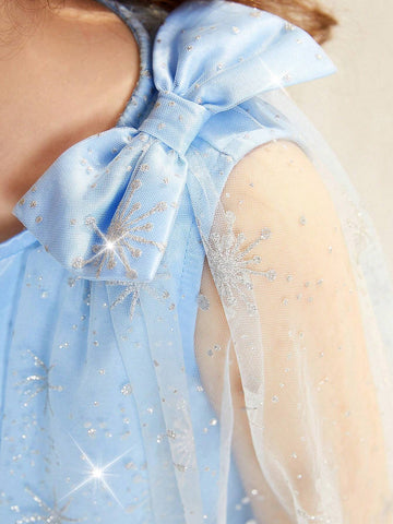 Young Girl Woven Solid Color Round Neck Patchwork Woven Mesh Loose Cute Dress