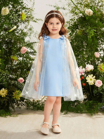 Young Girl Woven Solid Color Round Neck Patchwork Woven Mesh Loose Cute Dress