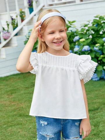 Young Girl Woven Solid Color Round Neck Ruffle Edge Loose Casual Shirt