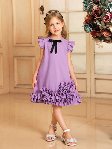 Young Girl Woven Solid Color Round Neck Ruffled Bow Loose Casual A-Line Dress