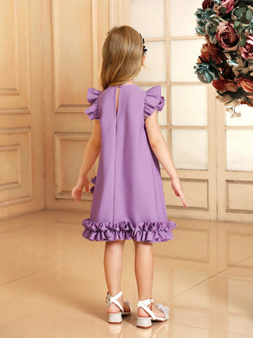 Young Girl Woven Solid Color Round Neck Ruffled Bow Loose Casual A-Line Dress