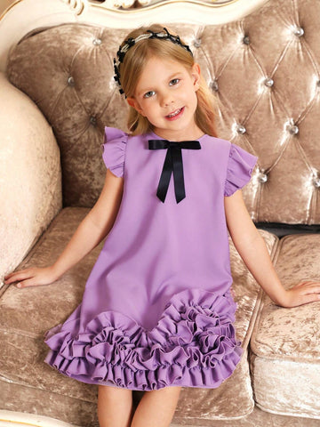 Young Girl Woven Solid Color Round Neck Ruffled Bow Loose Casual A-Line Dress