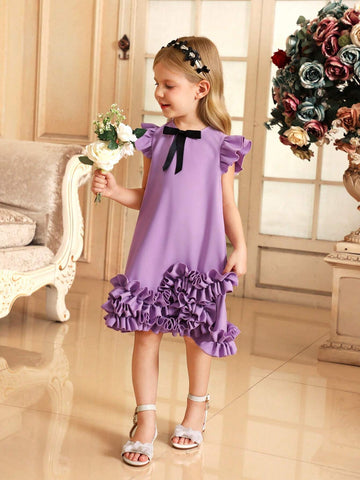 Young Girl Woven Solid Color Round Neck Ruffled Bow Loose Casual A-Line Dress