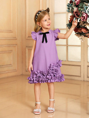 Young Girl Woven Solid Color Round Neck Ruffled Bow Loose Casual A-Line Dress