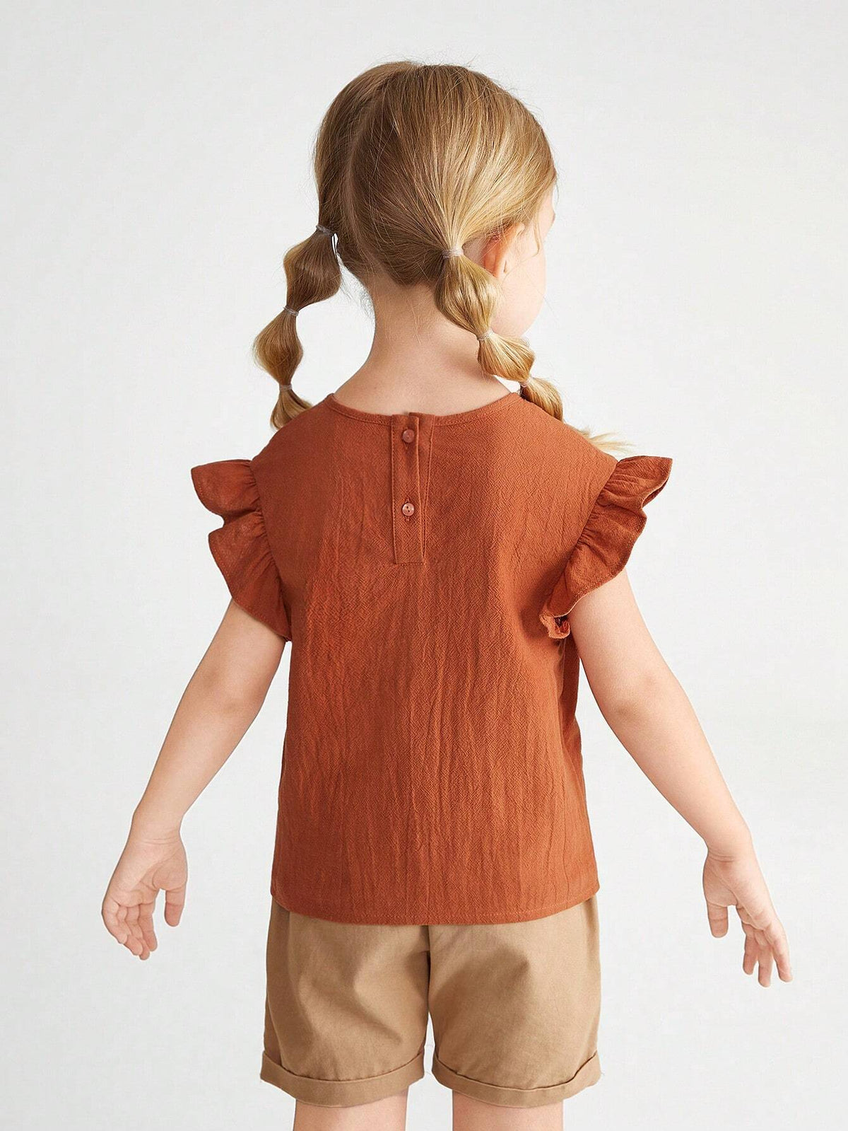Young Girl Woven Solid Color Round Neck Ruffled Casual Blouse