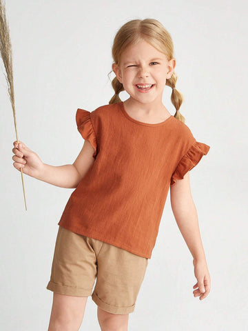 Young Girl Woven Solid Color Round Neck Ruffled Casual Blouse