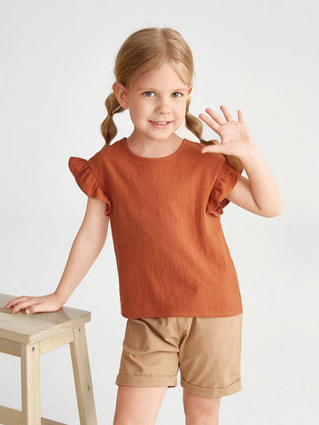 Young Girl Woven Solid Color Round Neck Ruffled Casual Blouse