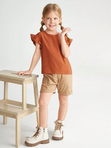 Young Girl Woven Solid Color Round Neck Ruffled Casual Blouse
