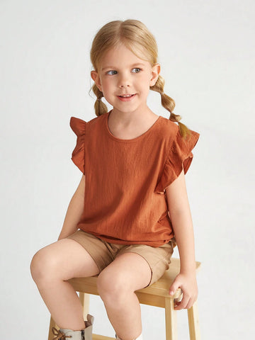 Young Girl Woven Solid Color Round Neck Ruffled Casual Blouse