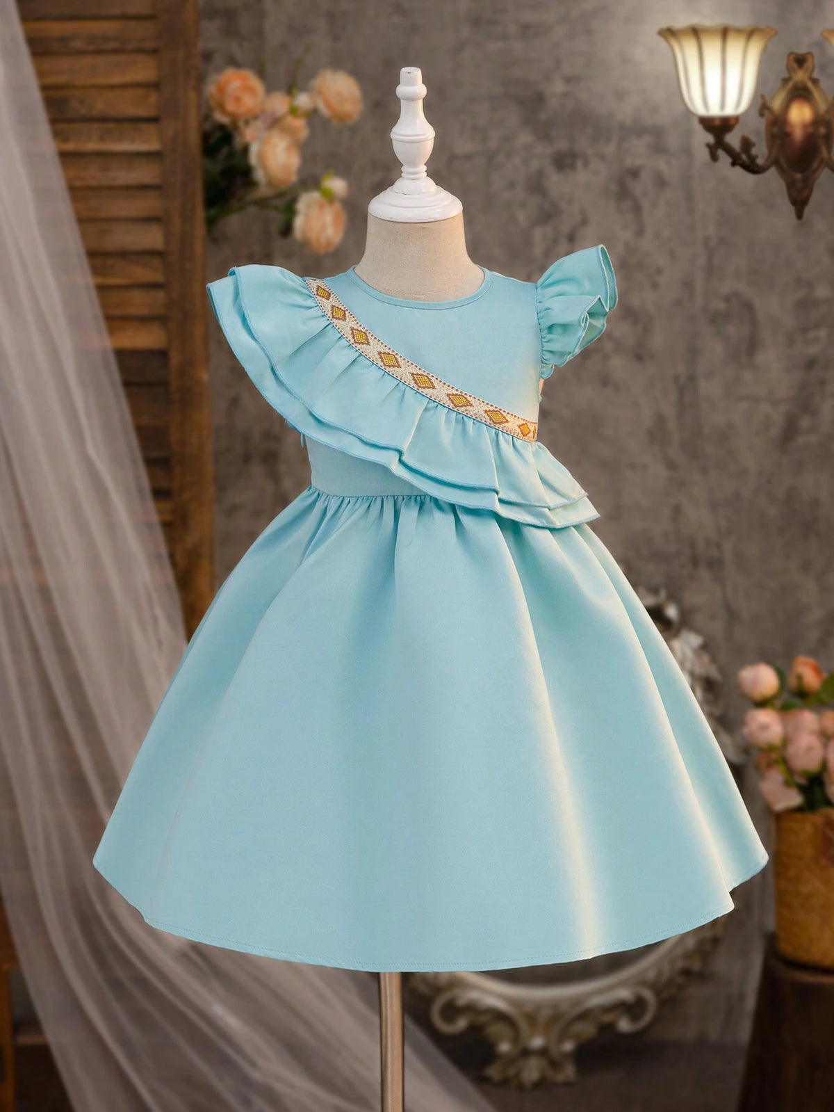 Young Girl Woven Solid Color Round Neck Short Cap Sleeve Dress With Ruffled Hem, Casual
