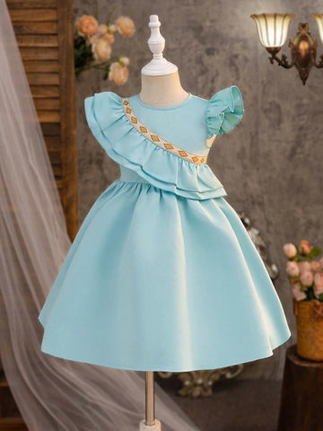 Young Girl Woven Solid Color Round Neck Short Cap Sleeve Dress With Ruffled Hem, Casual