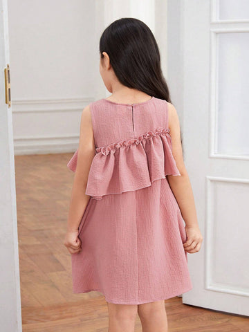Young Girl Woven Solid Color Round Neck Sleeveless Ruffle Hem Slim Elegant Dress