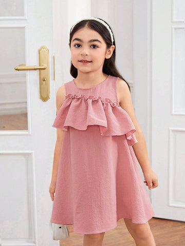 Young Girl Woven Solid Color Round Neck Sleeveless Ruffle Hem Slim Elegant Dress