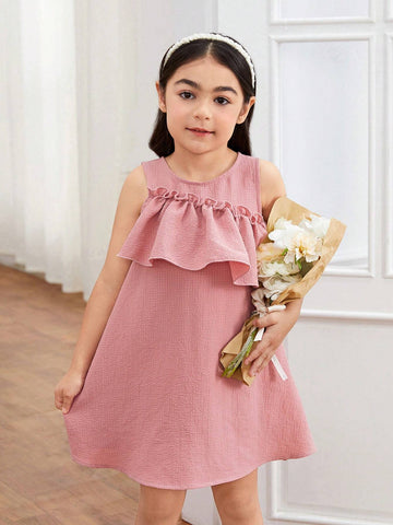 Young Girl Woven Solid Color Round Neck Sleeveless Ruffle Hem Slim Elegant Dress