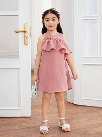 Young Girl Woven Solid Color Round Neck Sleeveless Ruffle Hem Slim Elegant Dress