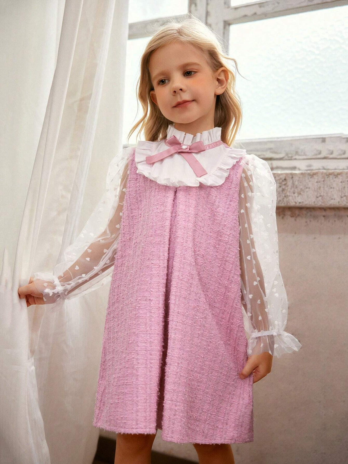 Young Girl Woven Solid Color Ruffle Trimmed Stand Collar Elegant Dress With Bow Tie