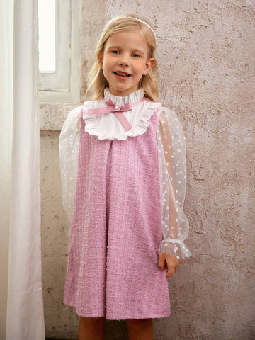 Young Girl Woven Solid Color Ruffle Trimmed Stand Collar Elegant Dress With Bow Tie