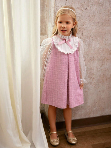 Young Girl Woven Solid Color Ruffle Trimmed Stand Collar Elegant Dress With Bow Tie