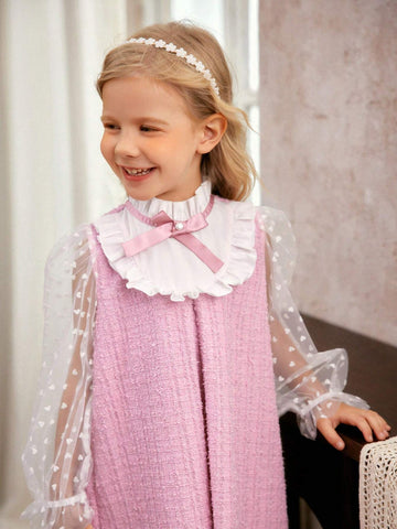 Young Girl Woven Solid Color Ruffle Trimmed Stand Collar Elegant Dress With Bow Tie