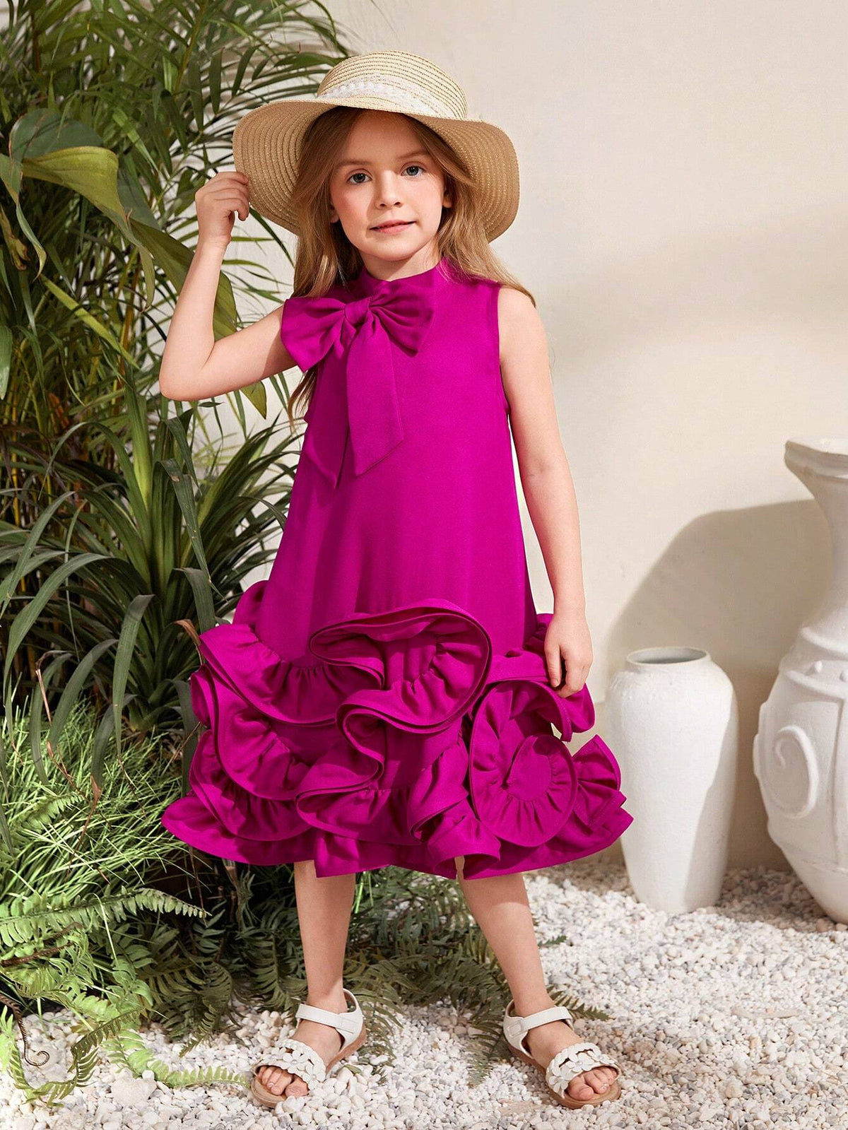 Young Girl Woven Solid Color Sleeveless Dress With Ruffle Detail And Loose Fit