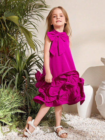 Young Girl Woven Solid Color Sleeveless Dress With Ruffle Detail And Loose Fit