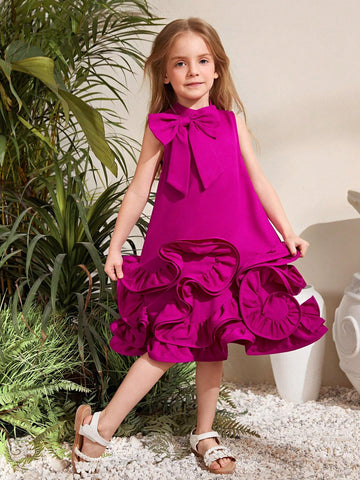 Young Girl Woven Solid Color Sleeveless Dress With Ruffle Detail And Loose Fit